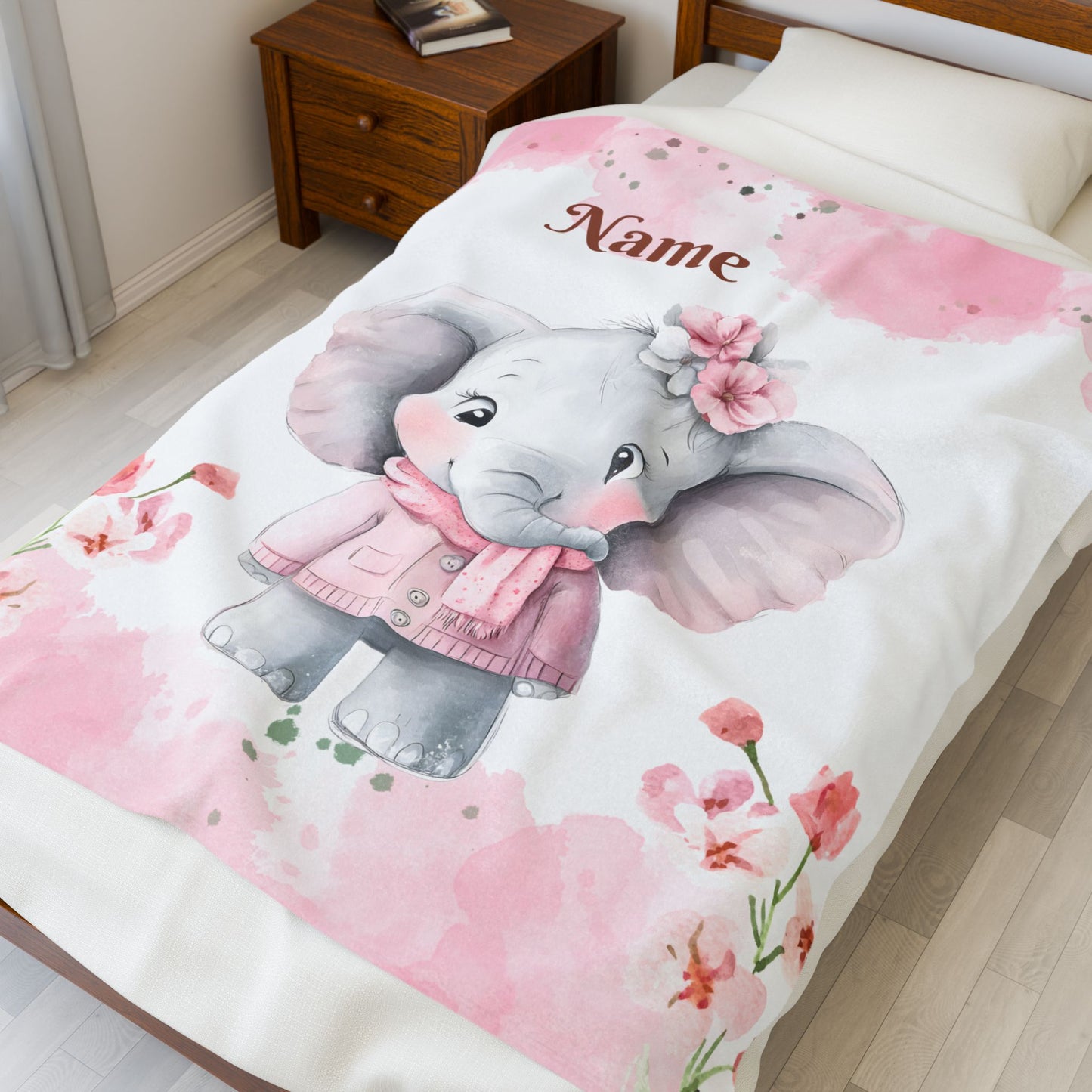 Personalized Baby Elephant Velveteen Plush Blanket, Custom Nursery Blanket, Baby Shower Gift, Cozy Snuggle Blanket, Childrens Home Decor