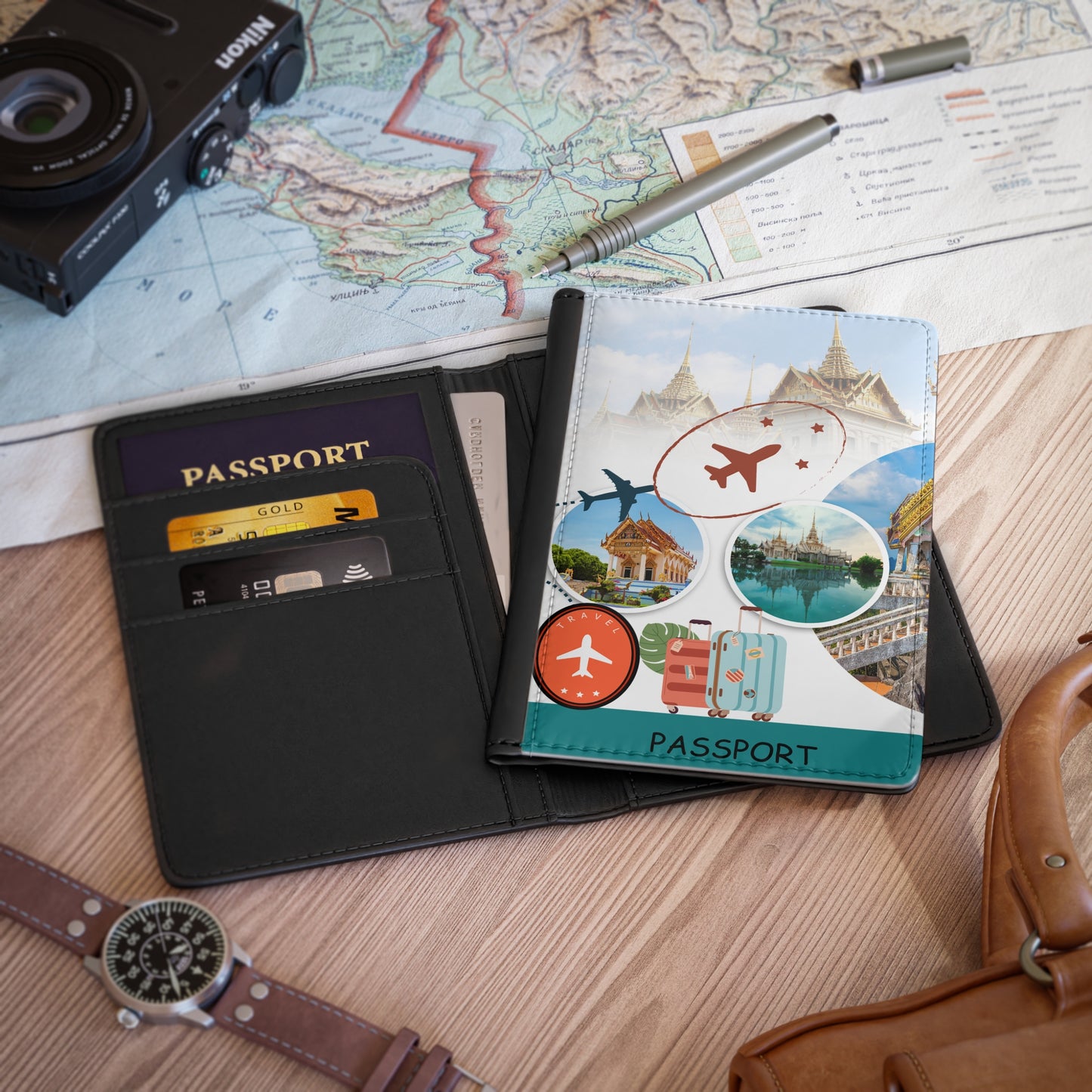Travel Passport Cover — Vintage Airplane & Luggage Design