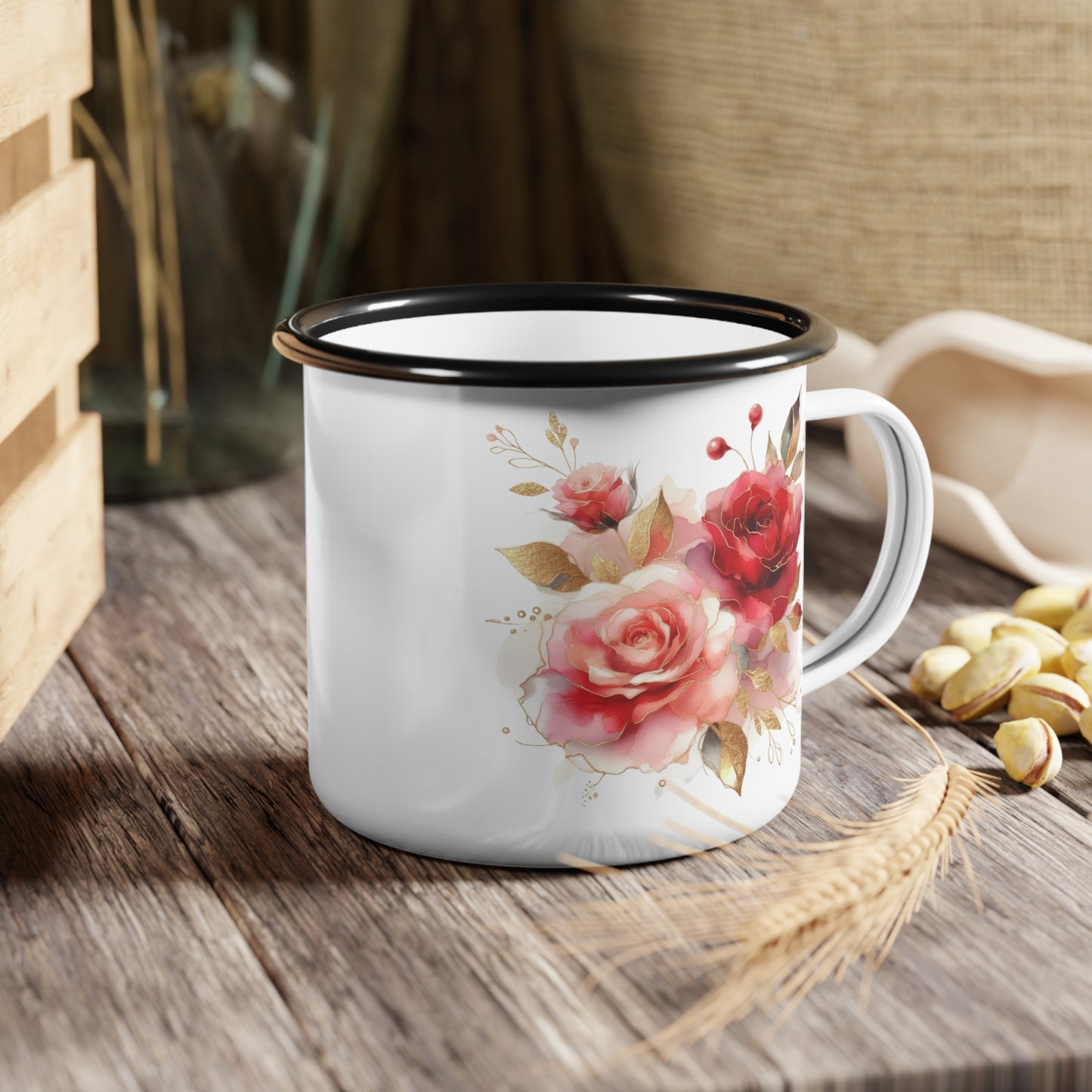 Floral Enamel Camp Cup - Vintage Rose Design for Camping & Home