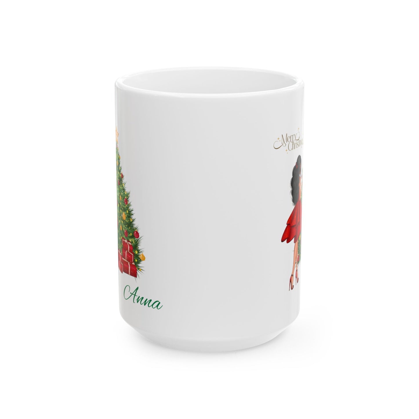Personalized Christmas Mug – Festive Tree & Girl Illustration (11oz/15oz)