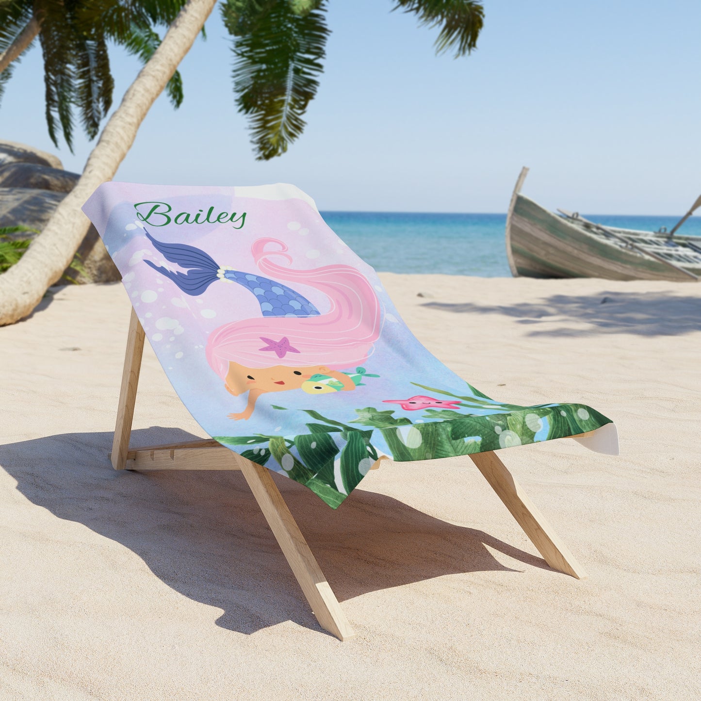 Personalized Mermaid Beach Towel - Custom Name Kids Ocean Towel