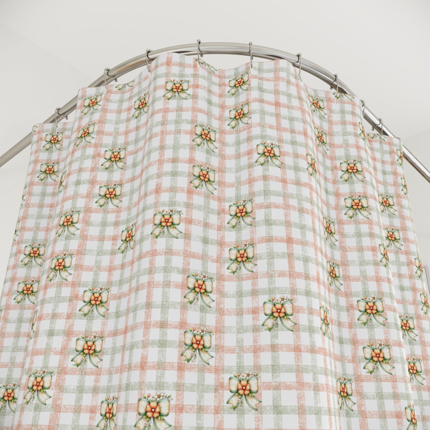 Floral Plaid Shower Curtain — Vintage Cottage Rose Bath Curtain