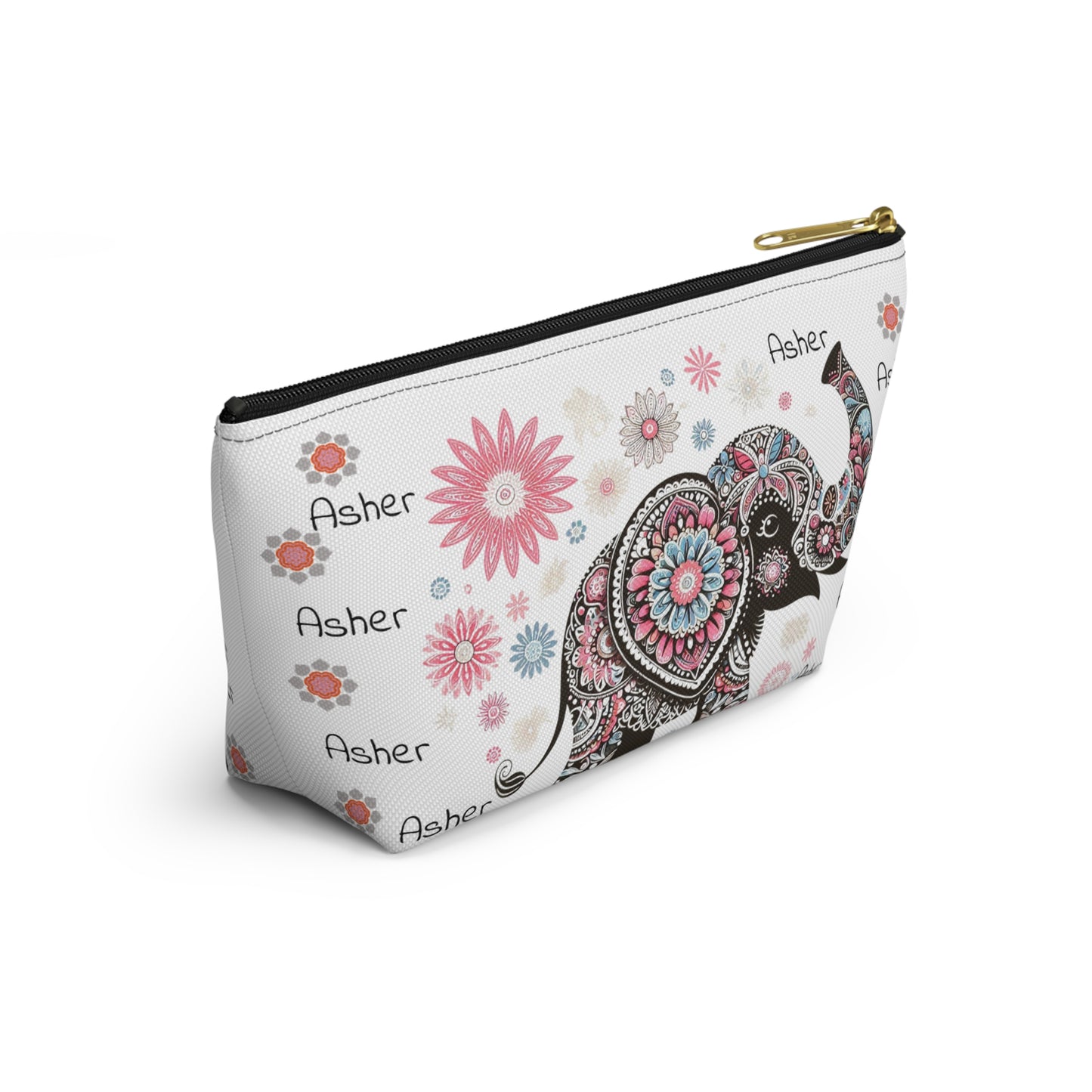 Personalized Elephant Accessory Pouch — Floral T-Bottom Makeup Bag