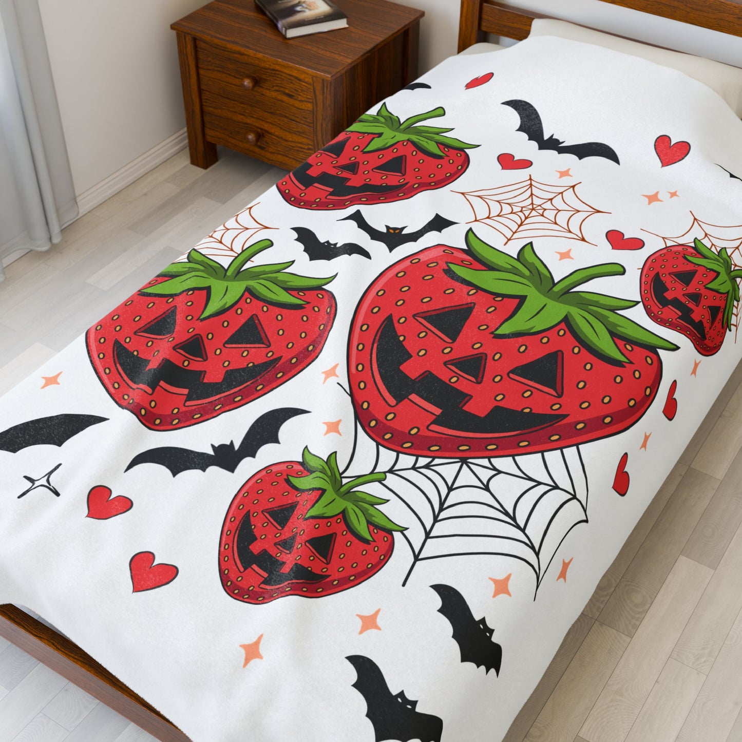 Halloween Strawberry Plush Blanket, Cozy Throw for Fall Decor, Cute Halloween Gift, Spooky Seasonal Blanket, Warm Home Accessory