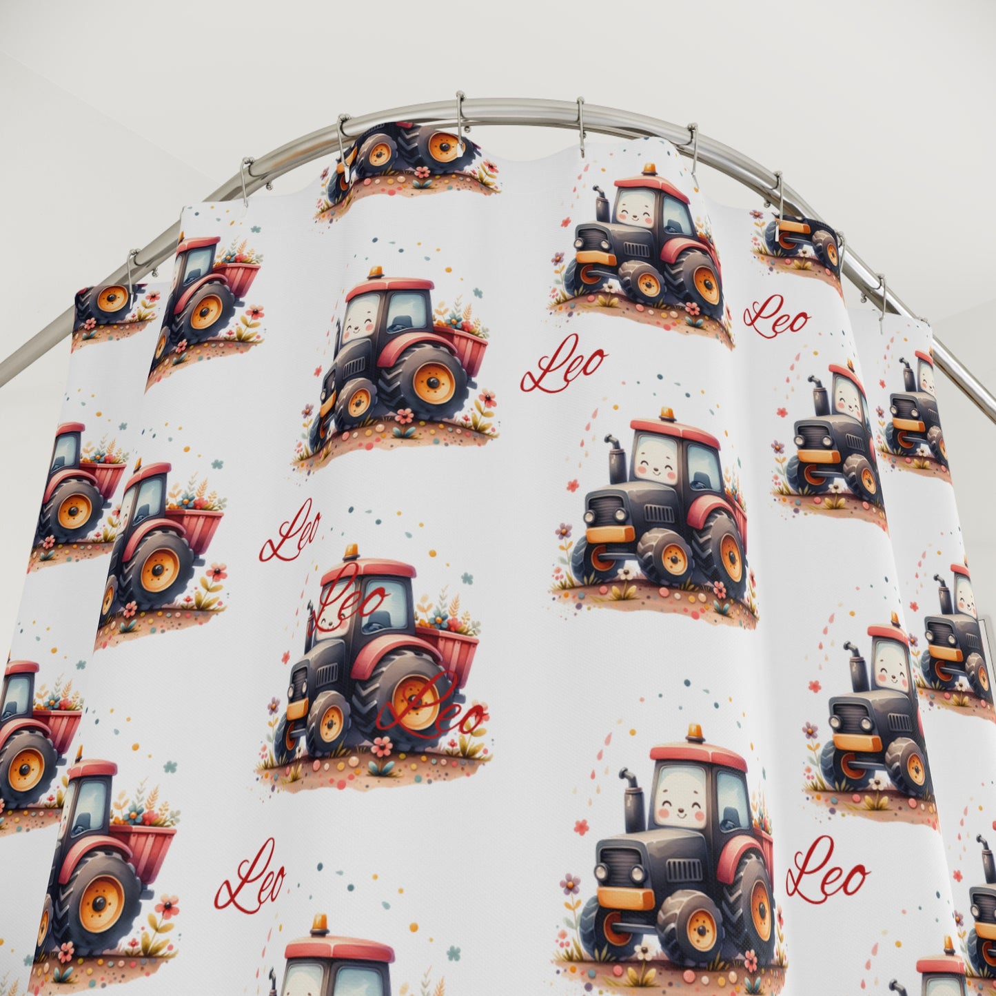 Tractor Shower Curtain — Cute Farm Kids Bathroom Decor with "Leo" Name Pattern