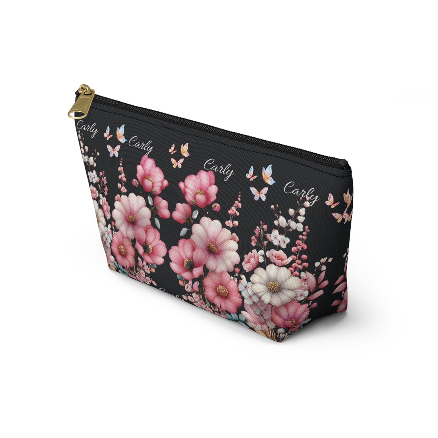 Floral Cosmetic Pouch with Pink Blooms — Personalized 'Carly' Accessory Bag