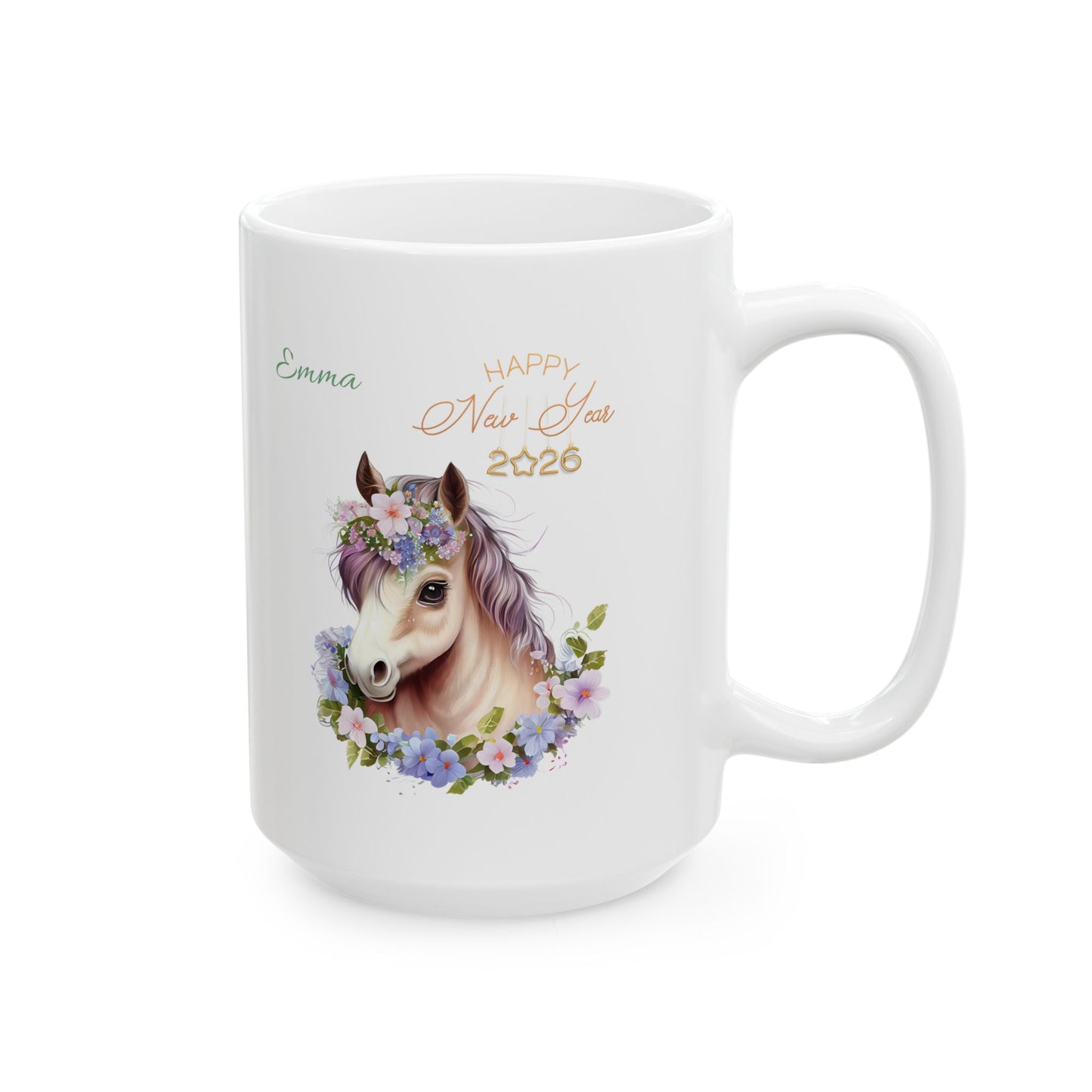 Floral Horse Ceramic Mug – Personalized "Emma" Coffee Cup (11oz & 15oz)