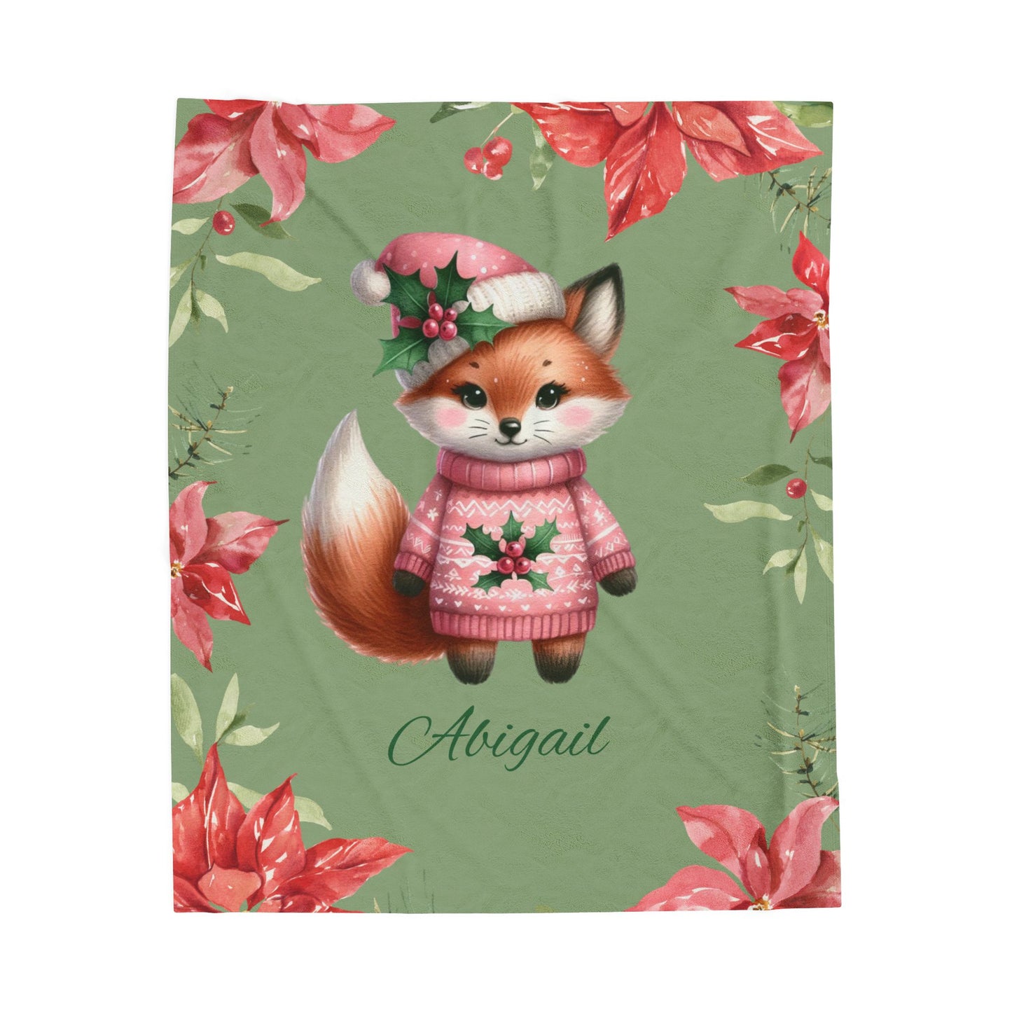 Personalized Fox Christmas Velveteen Plush Blanket, Cozy Holiday Gift, Custom Throw Blanket, Winter Decoration, Cute Pet Blanket