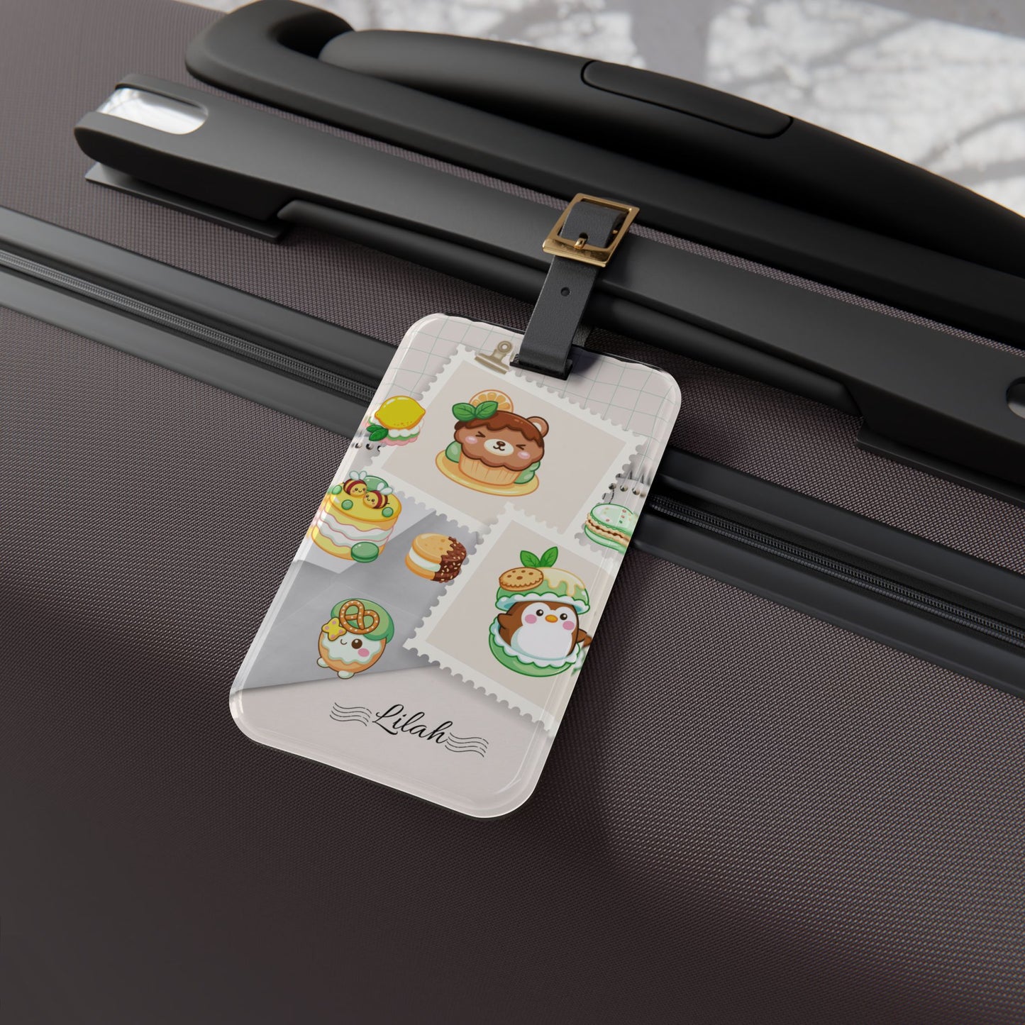 Cute Dessert Stamp Luggage Tag — Personalized Name Travel ID with Kawaii Pastry Characters