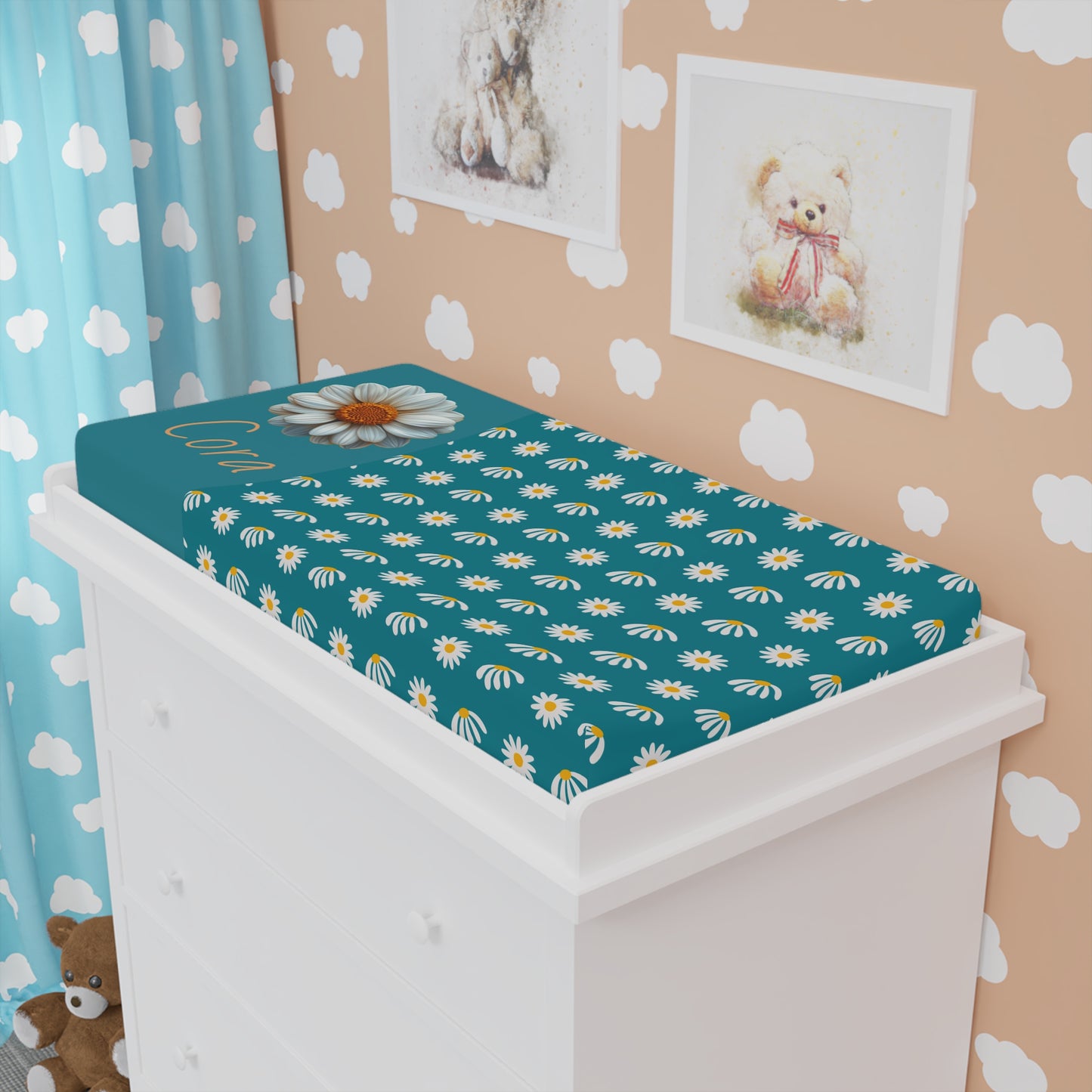 Daisy Baby Changing Pad Cover — Teal Floral Nursery Decor