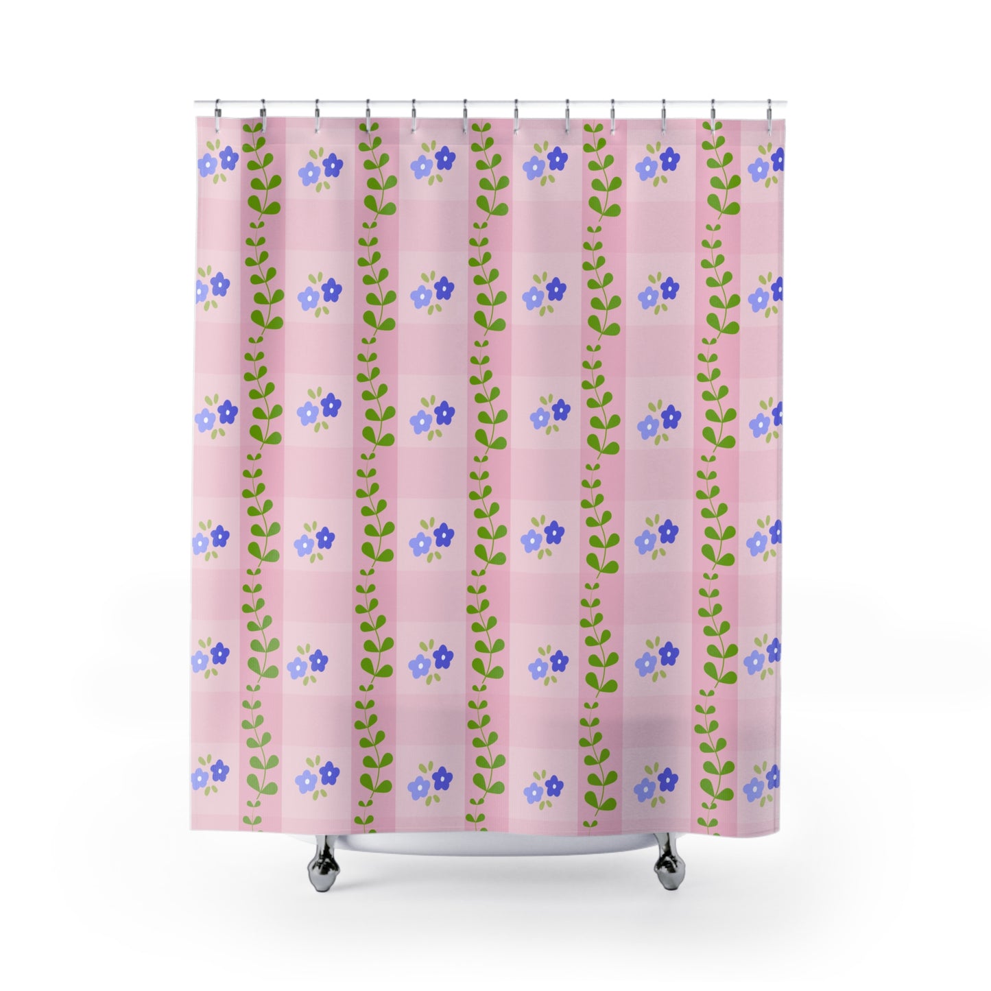Floral Gingham Shower Curtain – Pink Blue Wildflower Pattern