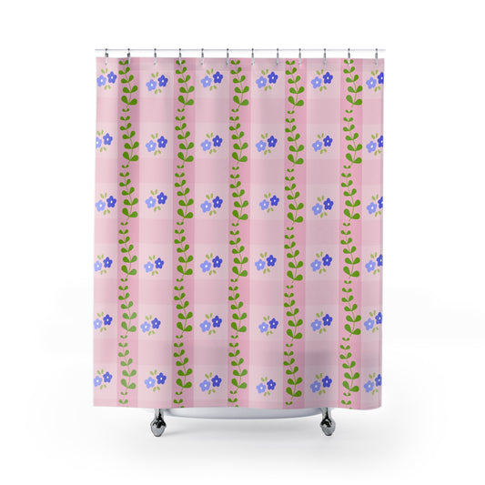 Floral Gingham Shower Curtain – Pink Blue Wildflower Pattern