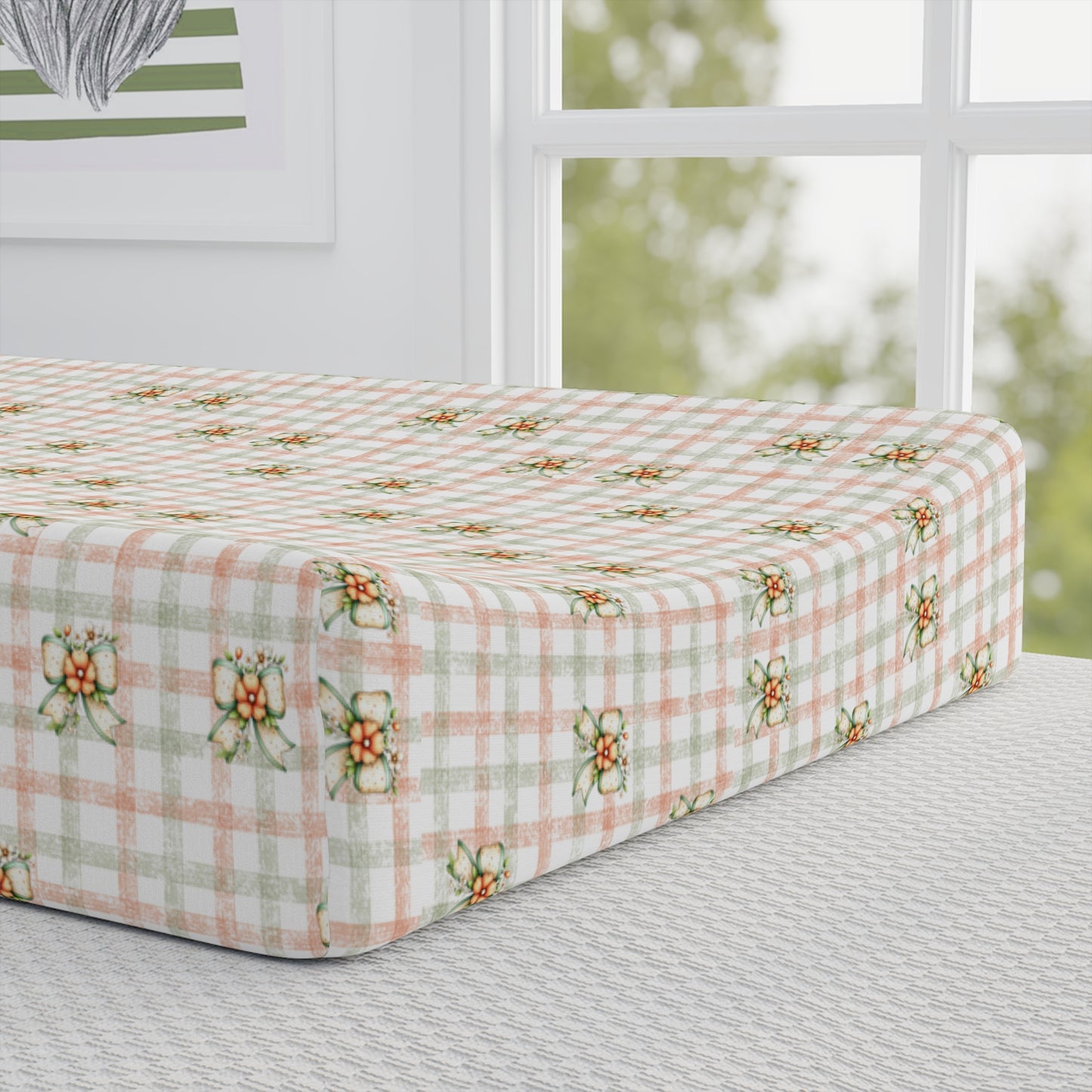 Floral Gingham Baby Changing Pad Cover — Soft Pastel Rose Check for Nursery