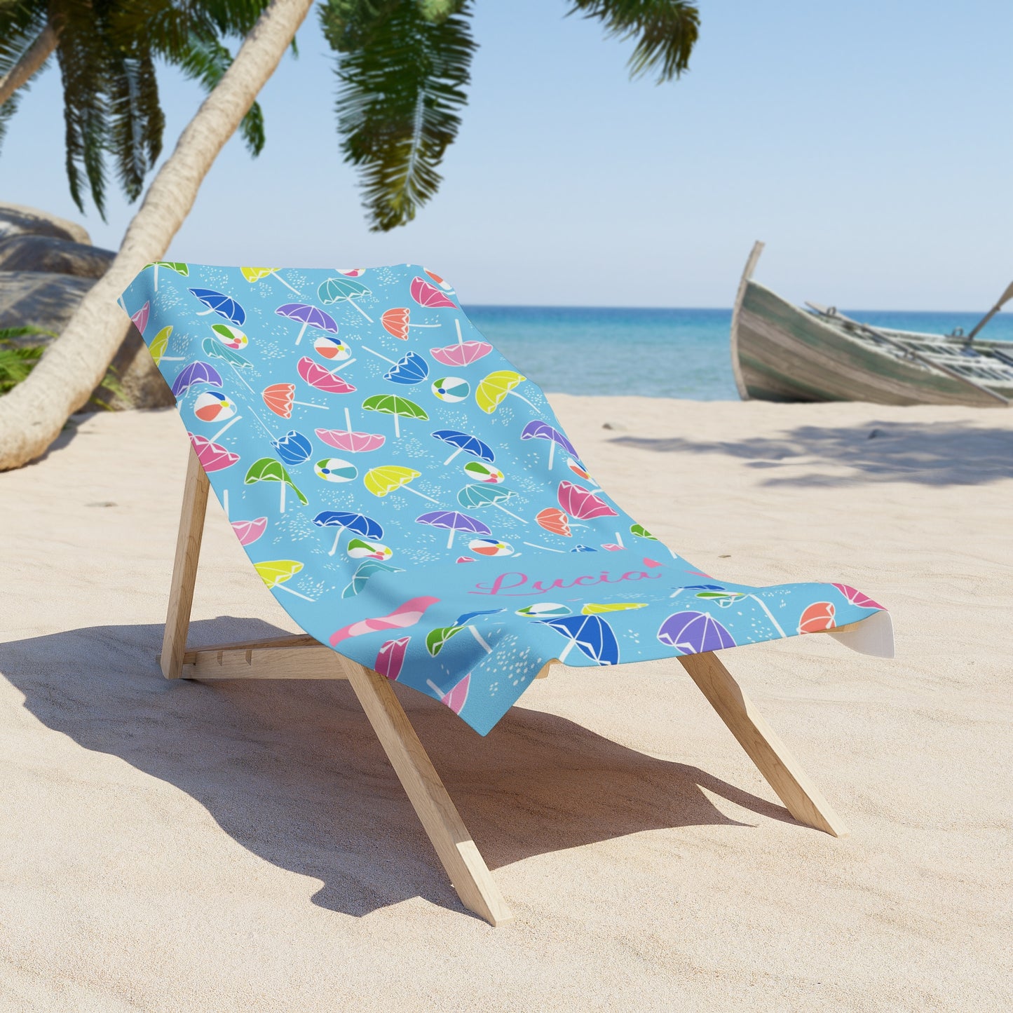 Personalized Blue Beach Towel with Colorful Umbrella & Beach Ball Pattern — Custom Name Option