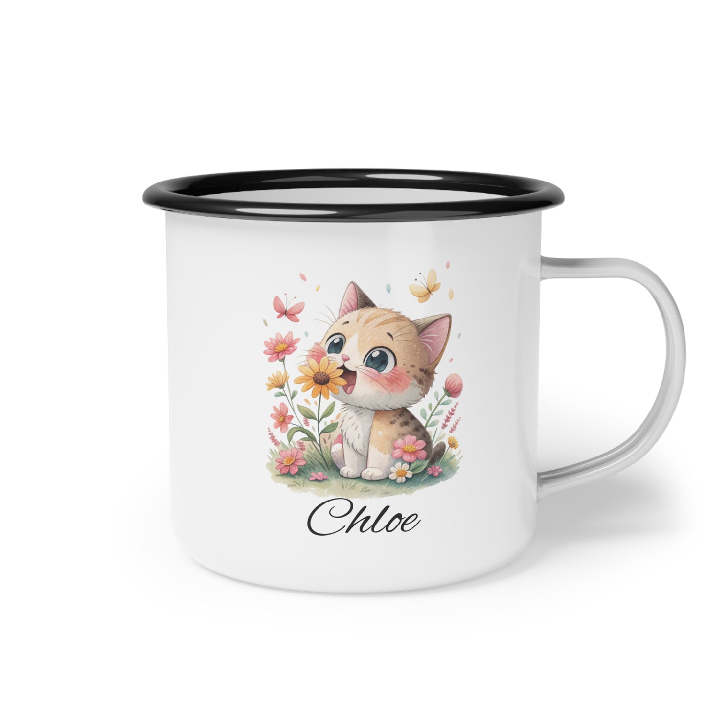 Personalized Floral Cat Enamel Camp Cup