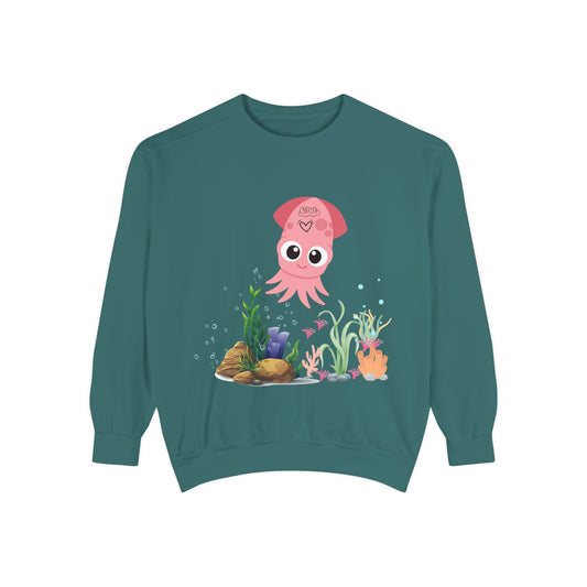 Pink squid cartoon with love Unisex Garment-Dyed Sweatshirt