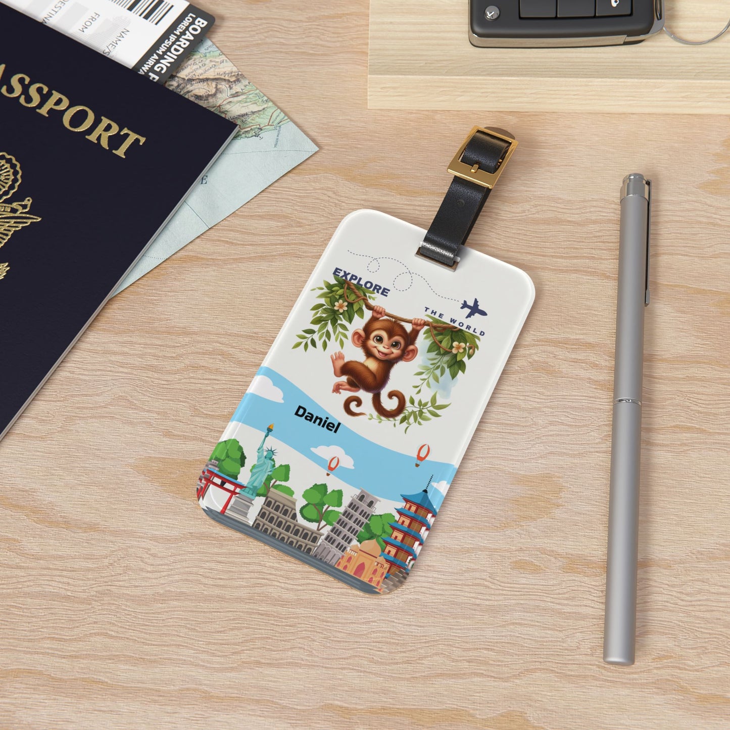 Monkey Travel Luggage Tag — "Explore the World" Personalized Kids Bag ID