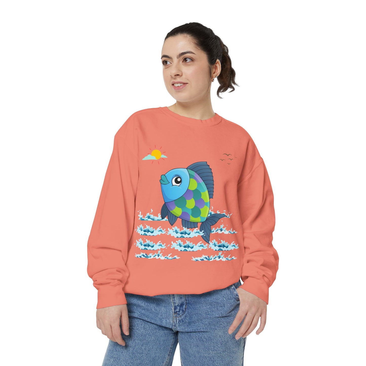 Fish with a sun and birds in the sky above water Unisex Garment-Dyed Sweatshirt