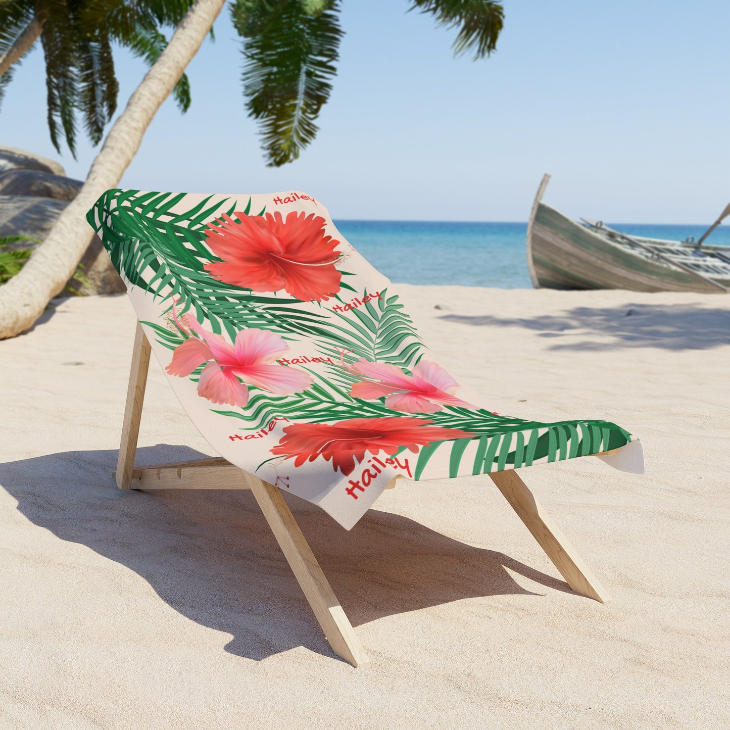Tropical Hibiscus Beach Towel – Pink & Red Floral Palm Leaves