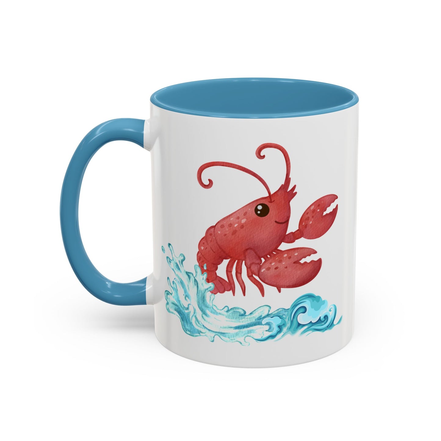 Cheerful red lobster emerging from stylized blue waves Coffee Mug