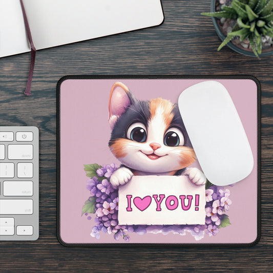 Cute Calico Kitten 'I  You' Gaming Mouse Pad — Cute Cat Desk Mat for Valentine’s Day & Gifts