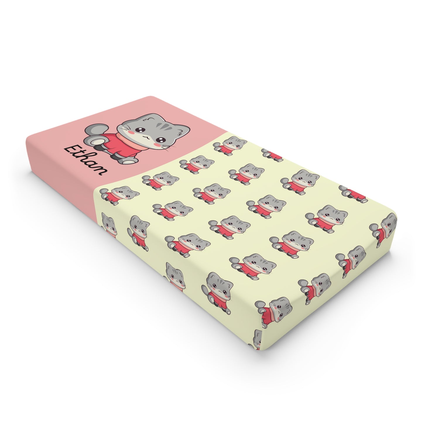Personalized Baby Changing Pad Cover – Cute Gray Kitten Pattern, Custom Name Nursery Accessory