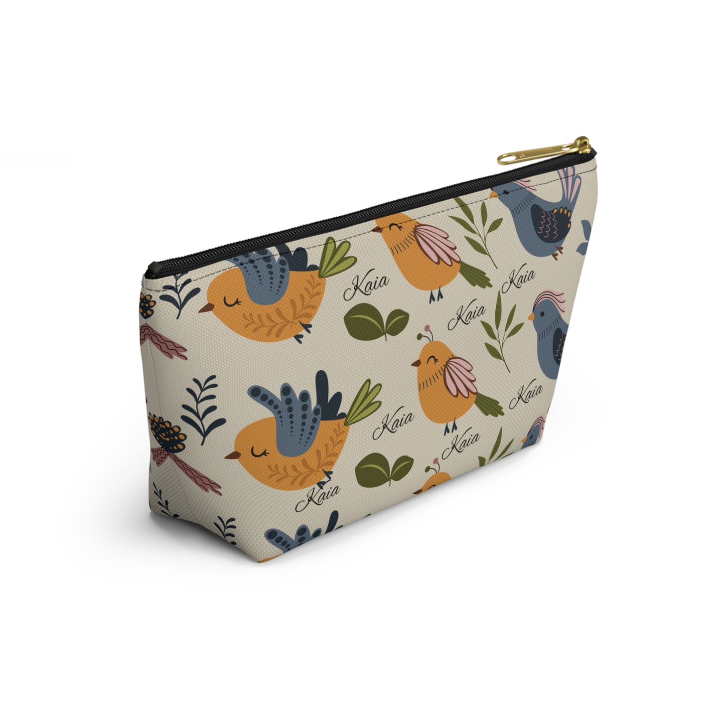 Bird Pattern Accessory Pouch — Personalized "Kaia" Cosmetic Bag