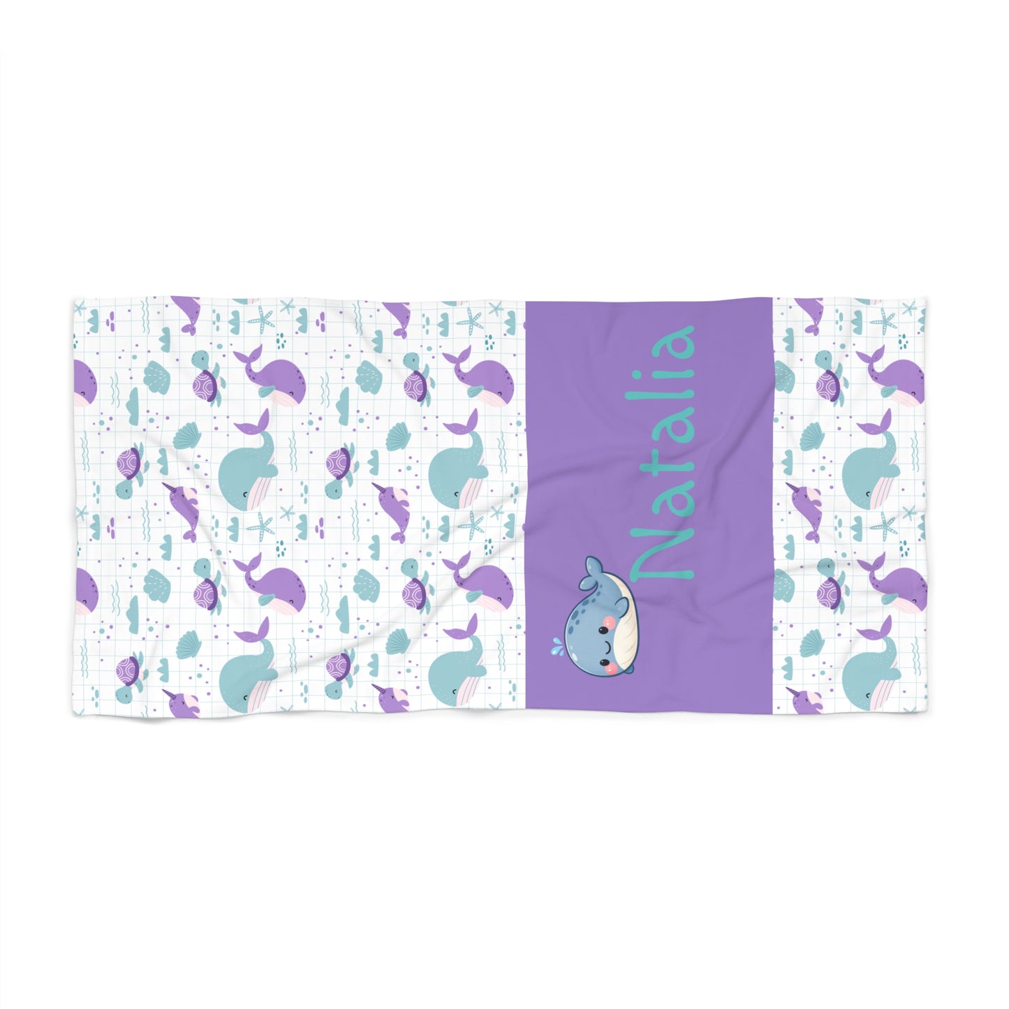 Personalized Narwhal Beach Towel — Cute Purple & Teal Kids Towel with Name