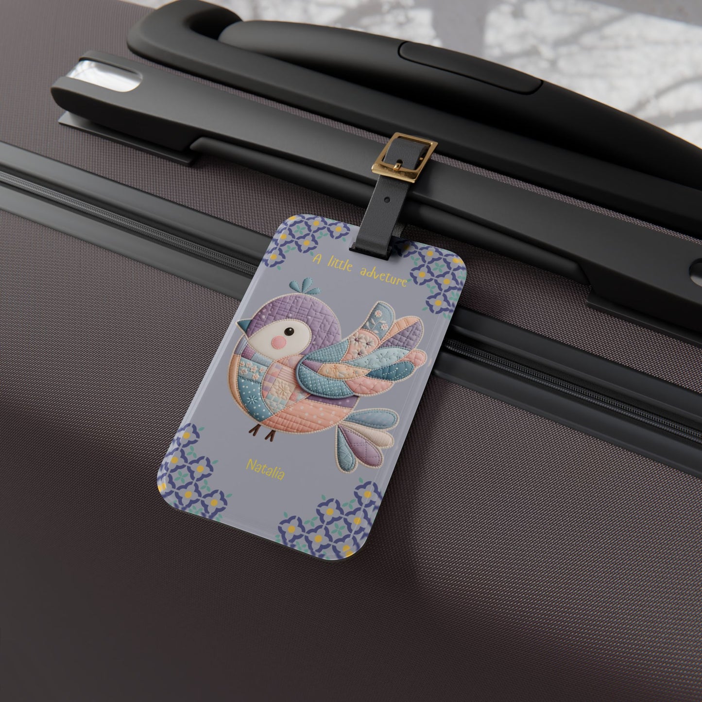 Luggage Tag — Pastel Quilted Bird "A Little Adventure" Personalized Travel Tag