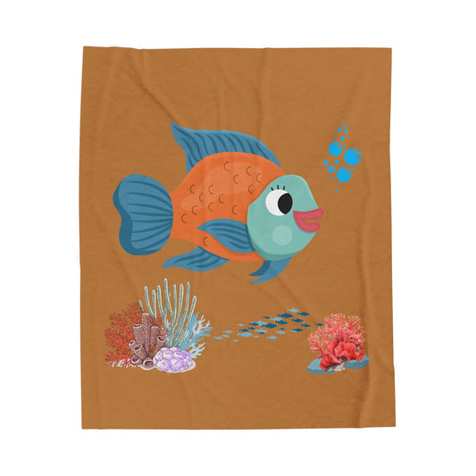 Orange and blue fish with coral and bubble Velveteen Plush Blanket