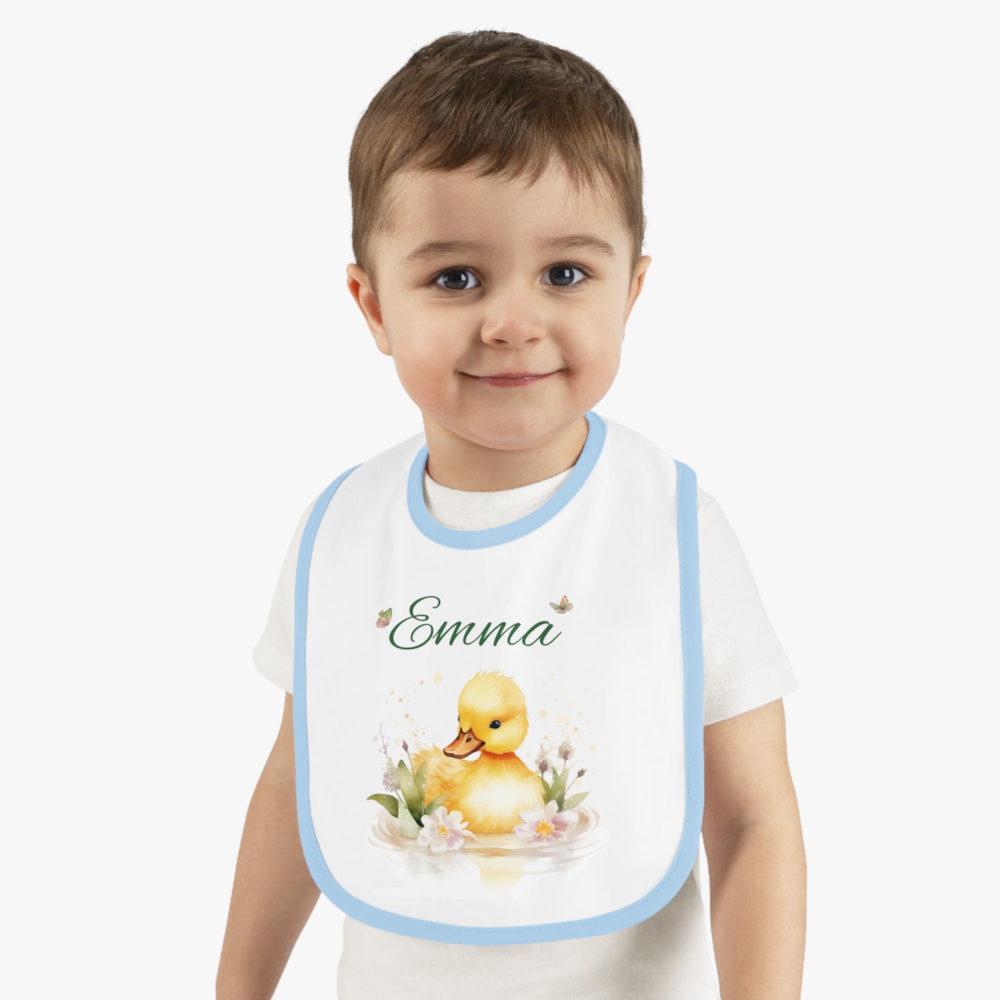 Personalized Duckling Baby Bib — Custom Name Infant Contrast Trim Feeding Bib