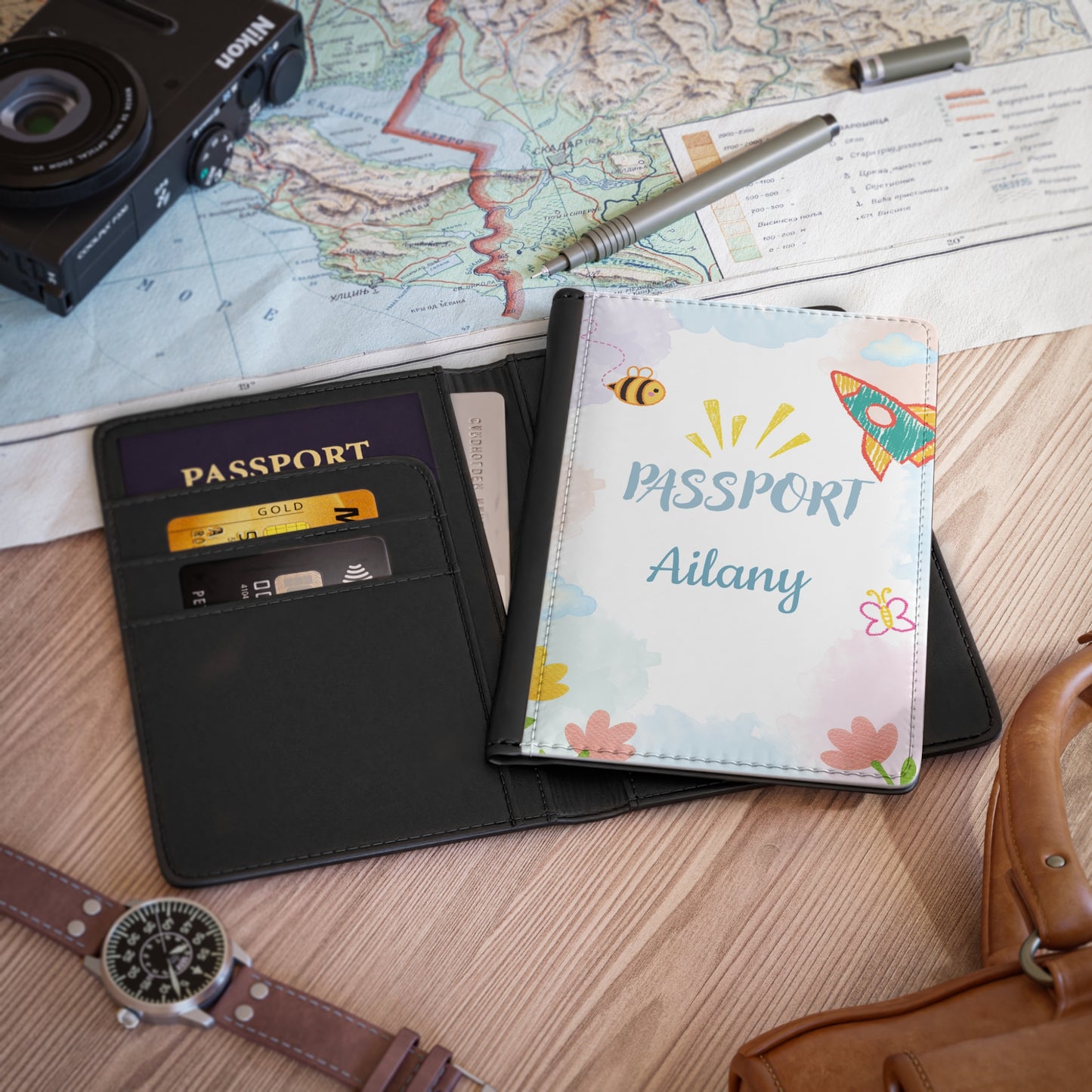 Personalized Kids Passport Cover — Cute Rocket & Bee Travel Wallet
