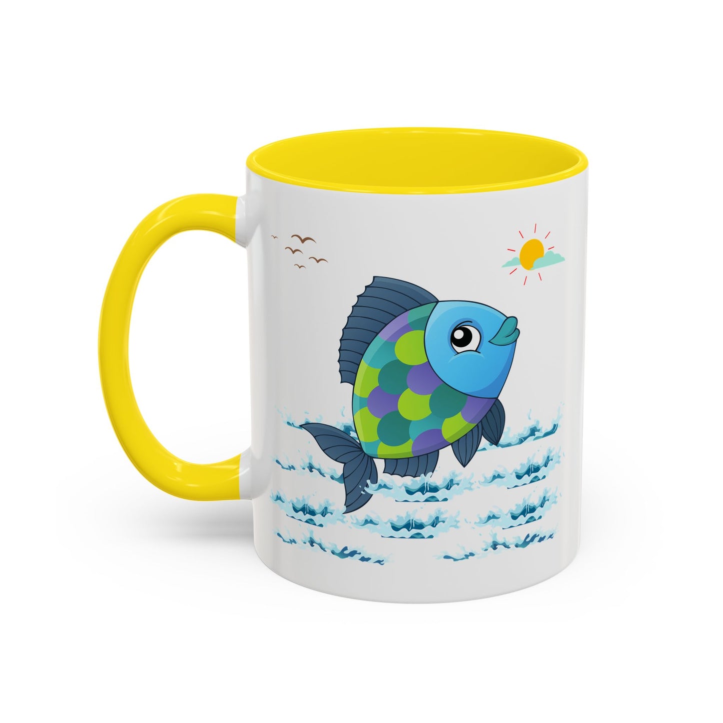 Fish with a sun and birds in the sky above water Coffee Mug