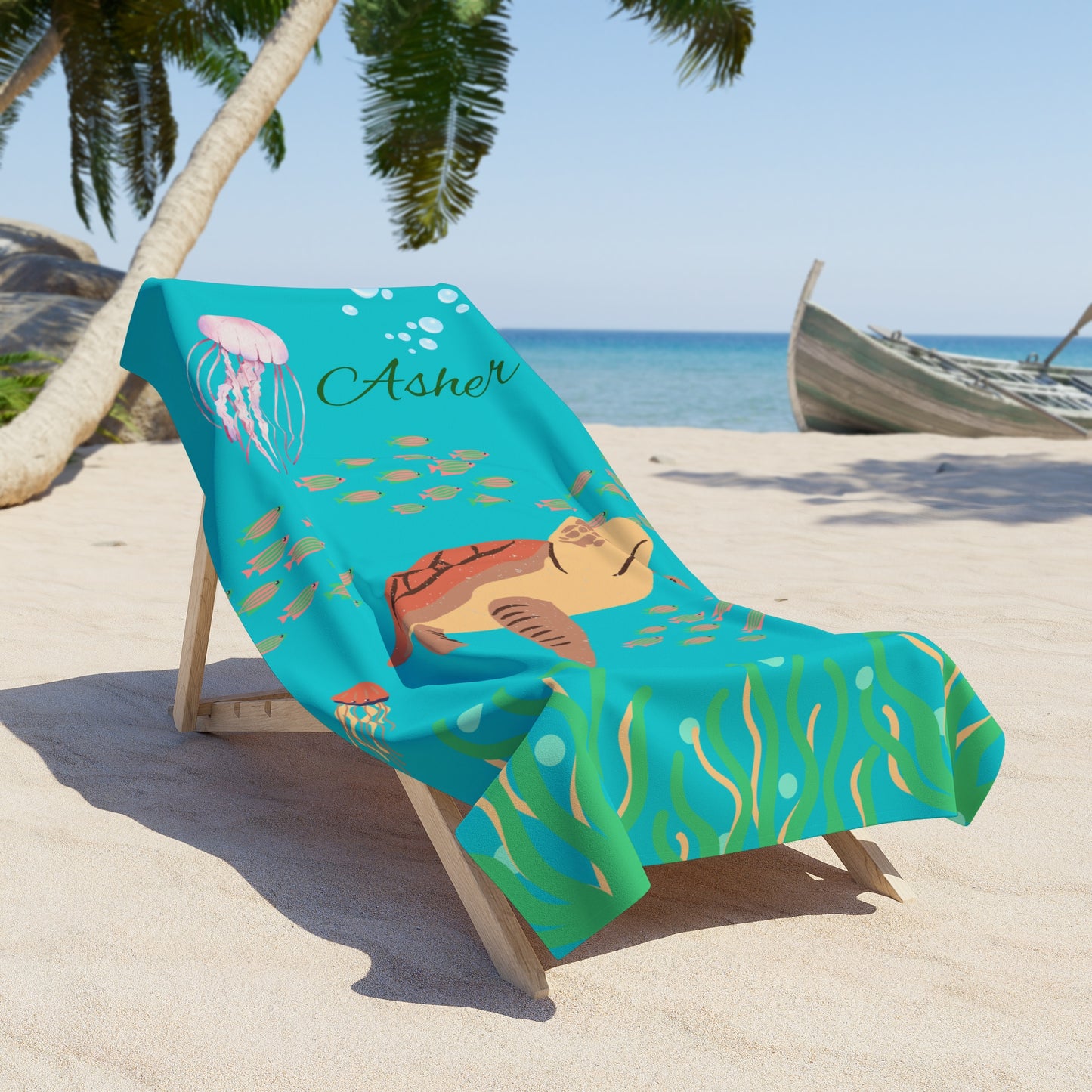 Sea Turtle Personalized Beach Towel — Custom Name Jellyfish Ocean Design