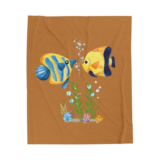 Two fish greet in underwater Velveteen Plush Blanket