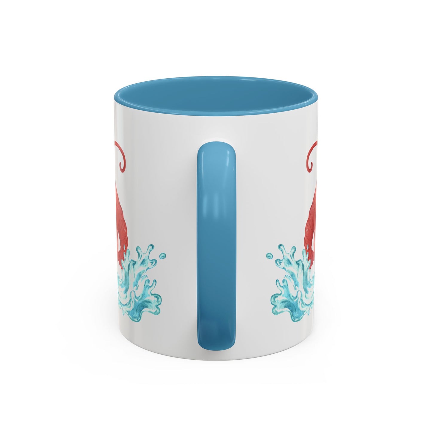 Cheerful red lobster emerging from stylized blue waves Coffee Mug