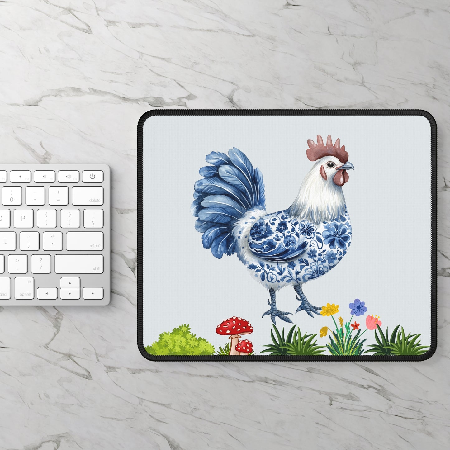 Rooster Ceramic Blue Floral Gaming Mouse Pad — Farmhouse Kitchen Desk Mat