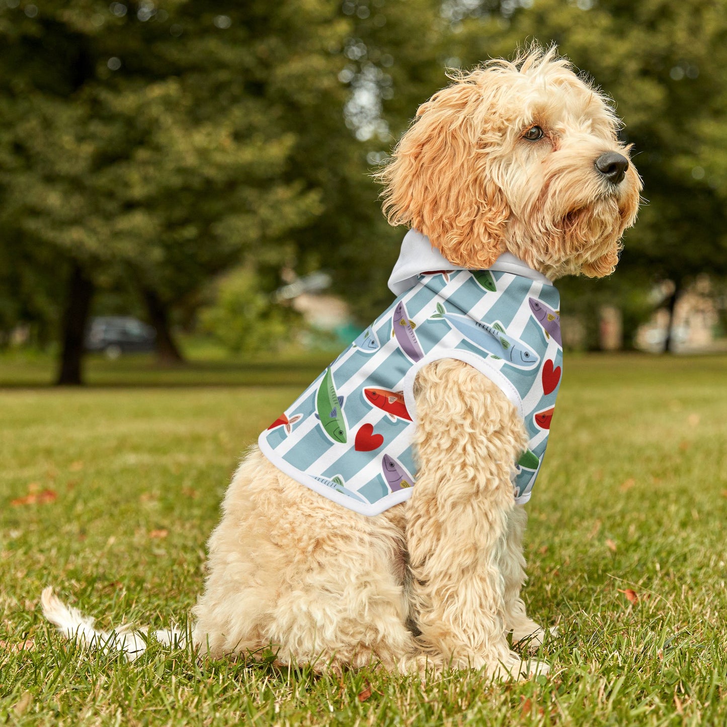Pet Hoodie — Colorful Fish & Hearts Pattern Dog Hoodie