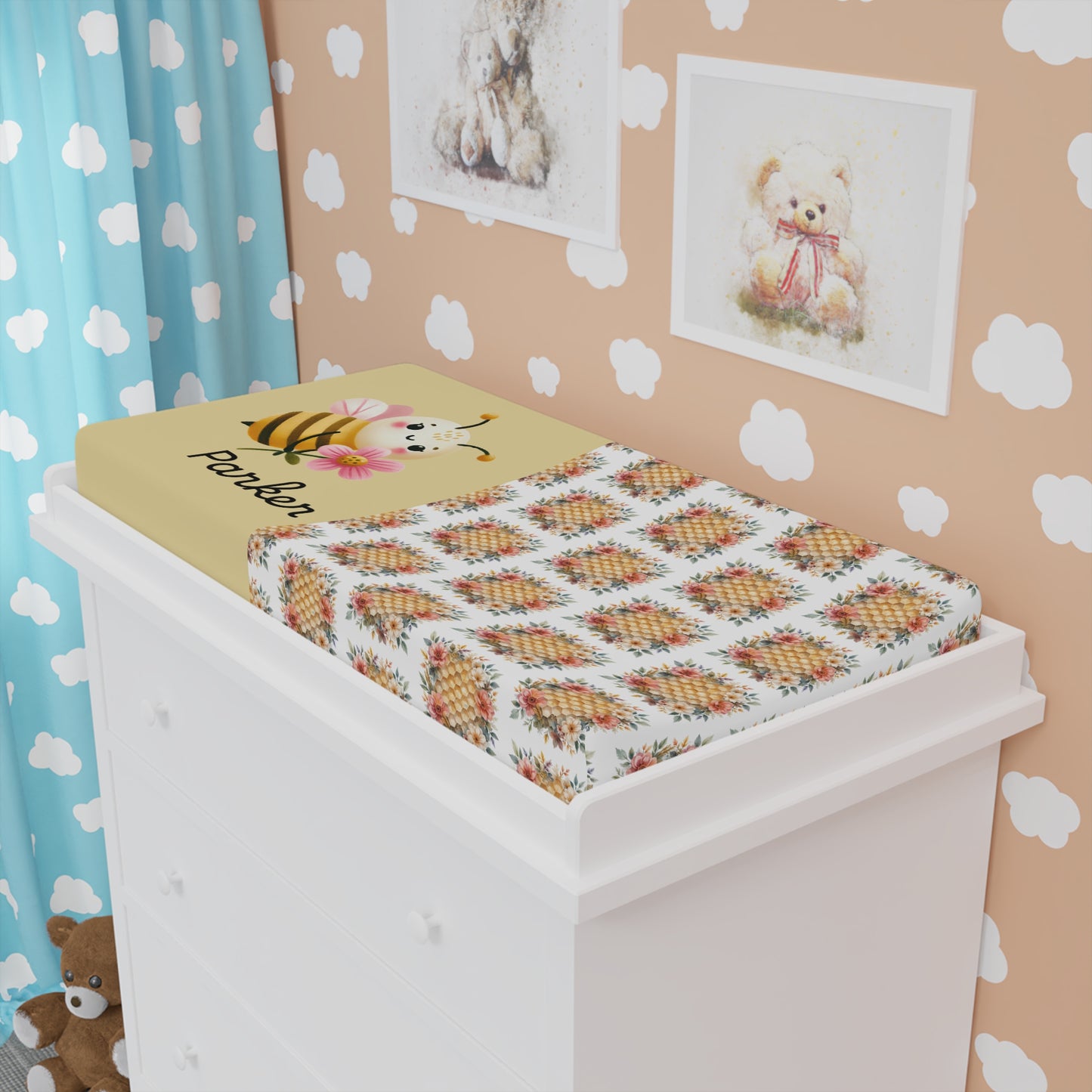 Personalized Bee Baby Changing Pad Cover — Floral Honeybee Nursery Accent