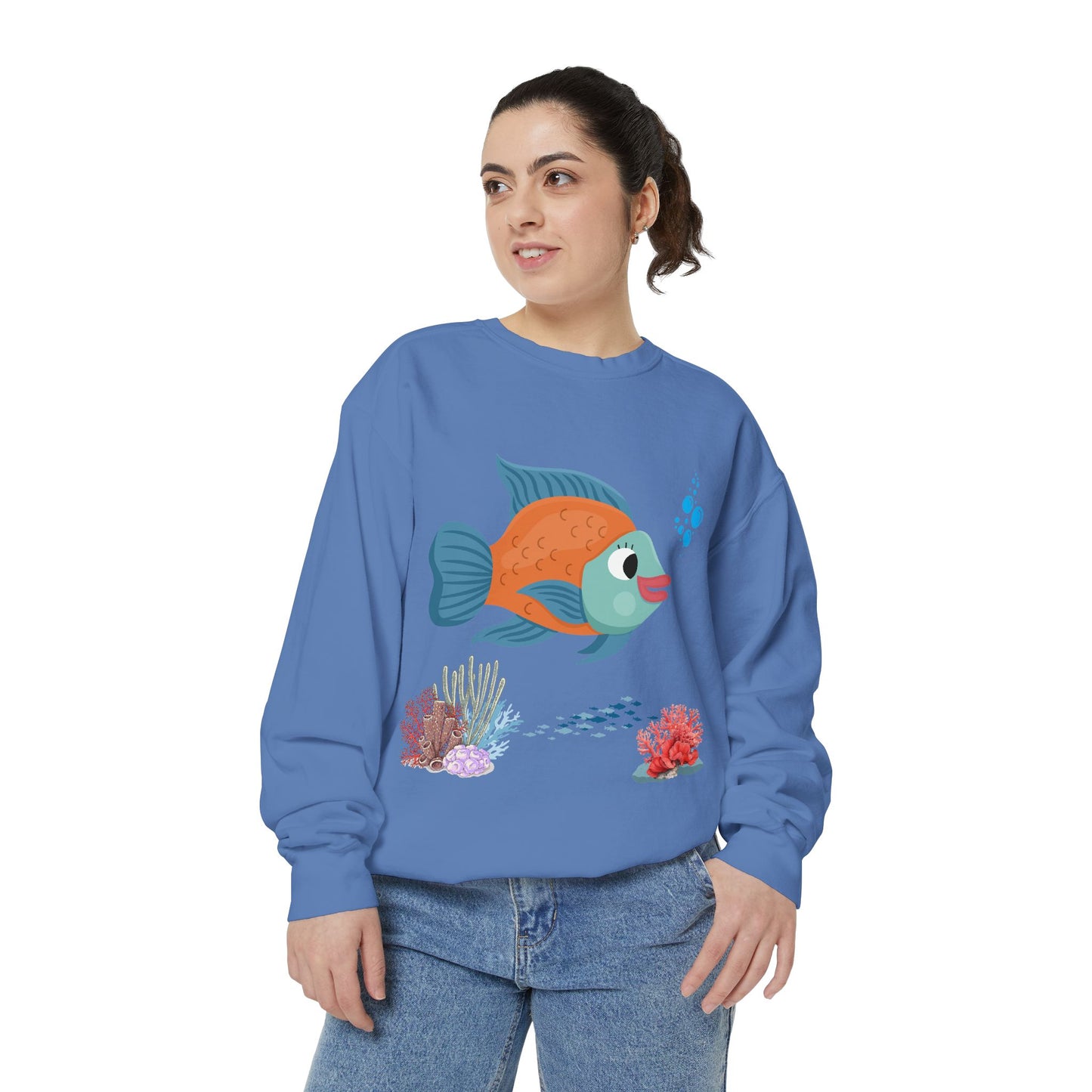 Orange and blue fish with coral and bubble Unisex Garment-Dyed Sweatshirt