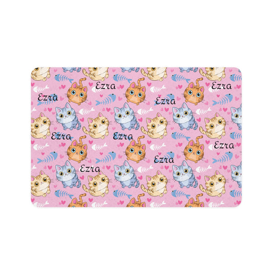 Personalized Cat Pattern Pet Food Mat (12x18) — Pink Kitty Name Placemat