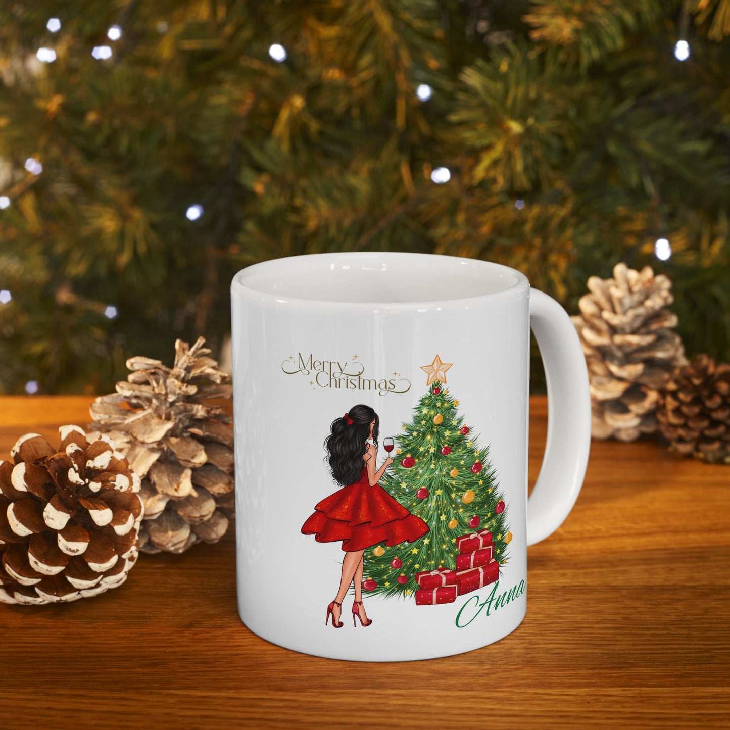 Personalized Christmas Mug – Festive Tree & Girl Illustration (11oz/15oz)
