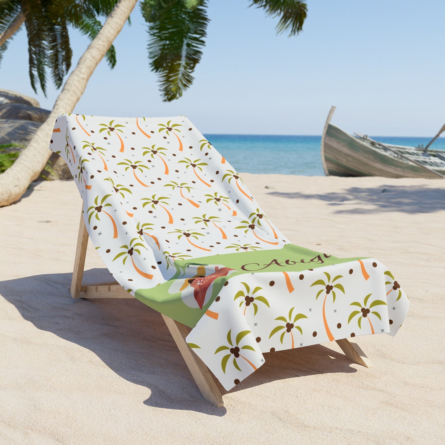 Beach Towel - Personalized Tropical Palm Pattern with Hula Girl (Custom Name)