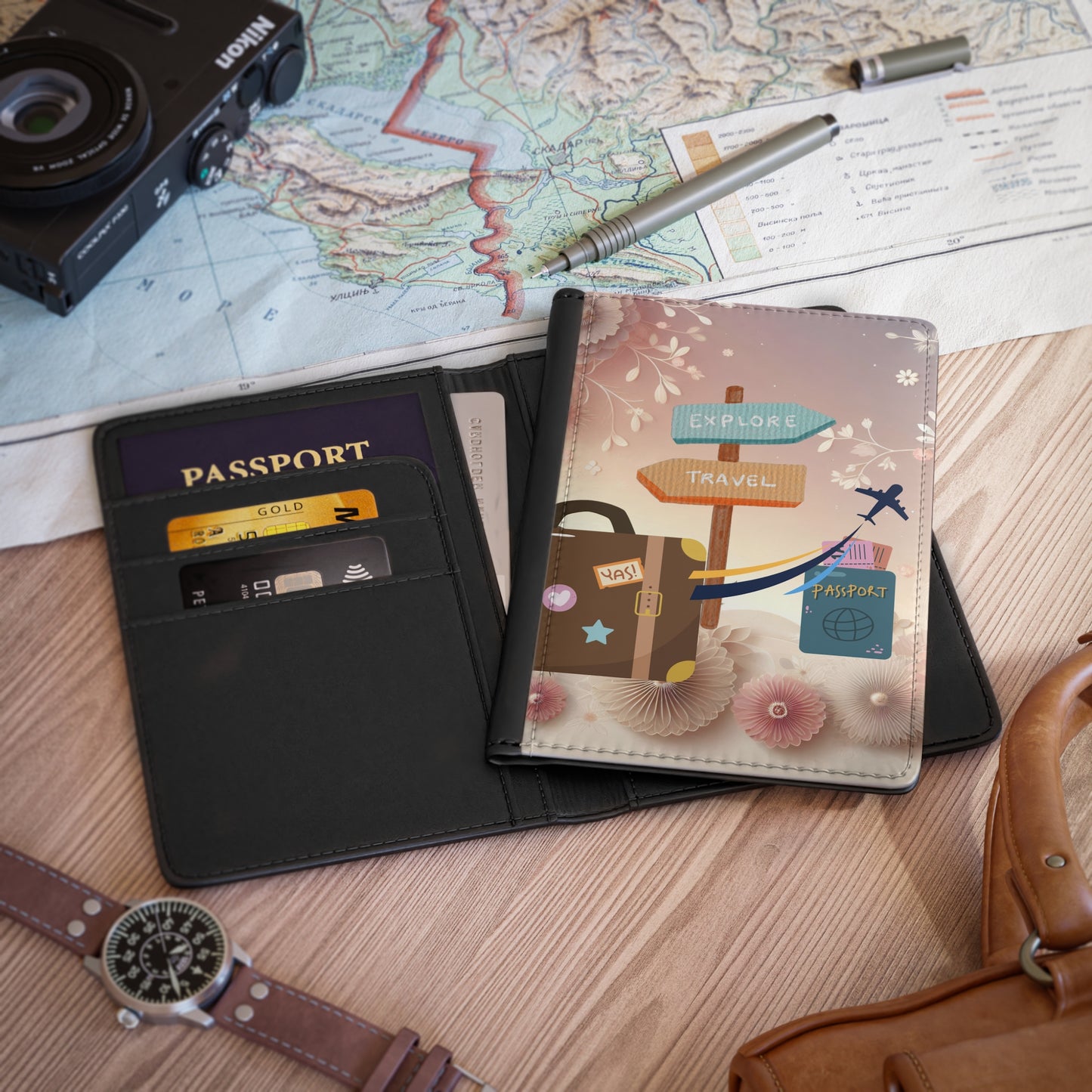 Passport Cover — 'Explore Travel' Floral Travel Wallet, Cute Luggage & Airplane Passport Holder