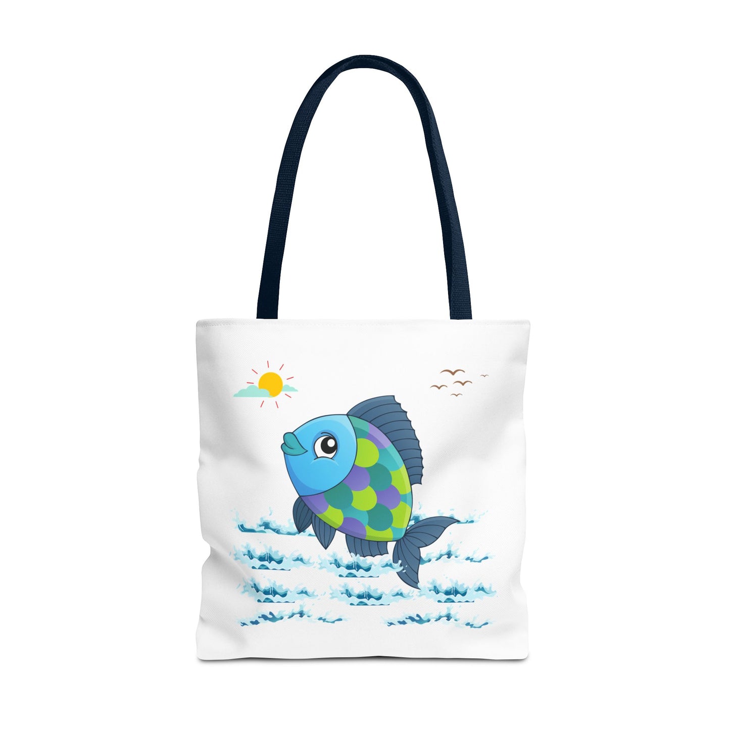 Fish with a sun and birds in the sky above water Tote Bag