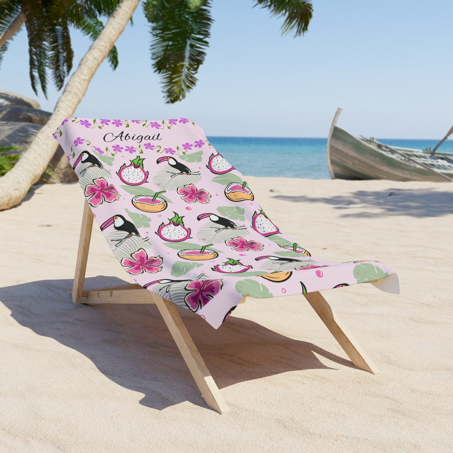 Personalized Tropical Flamingo Beach Towel — Pink Hibiscus & Dragon Fruit Design