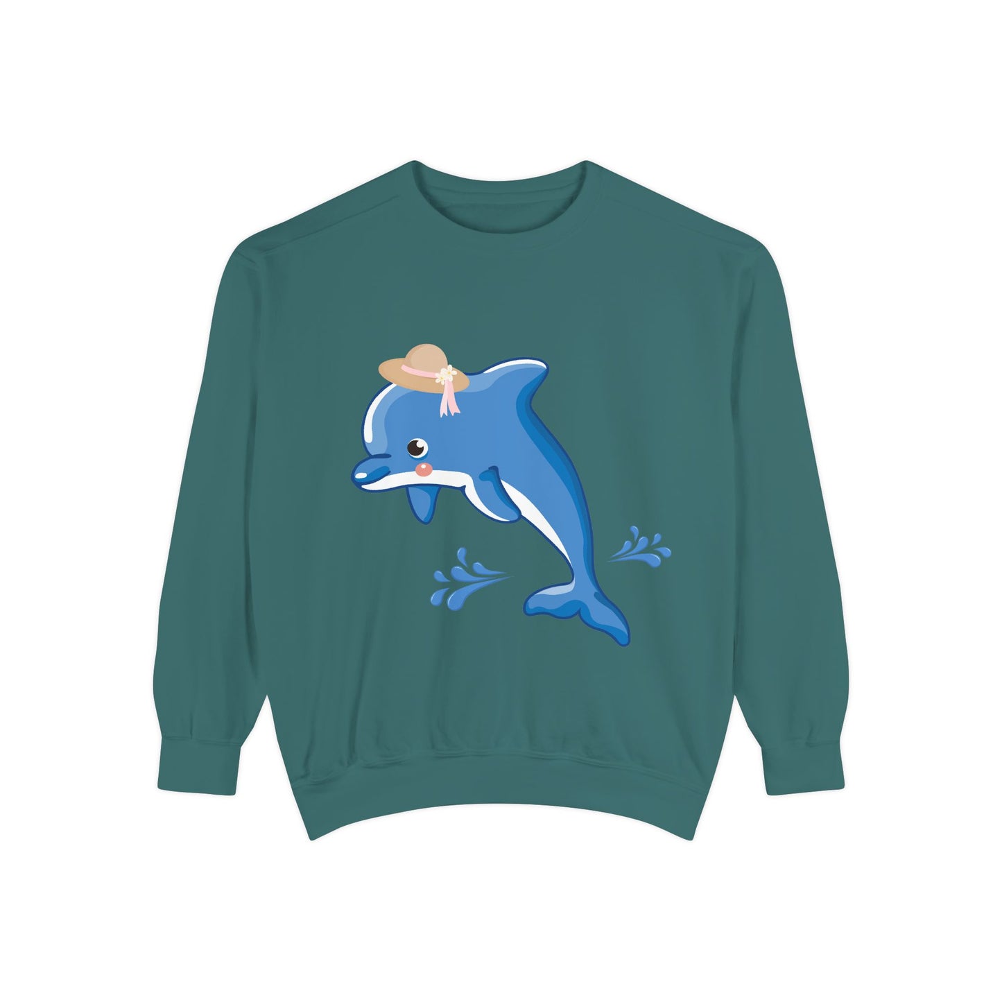 Dolphin wearing a straw hat with stylized water splashes Unisex Garment-Dyed Sweatshirt