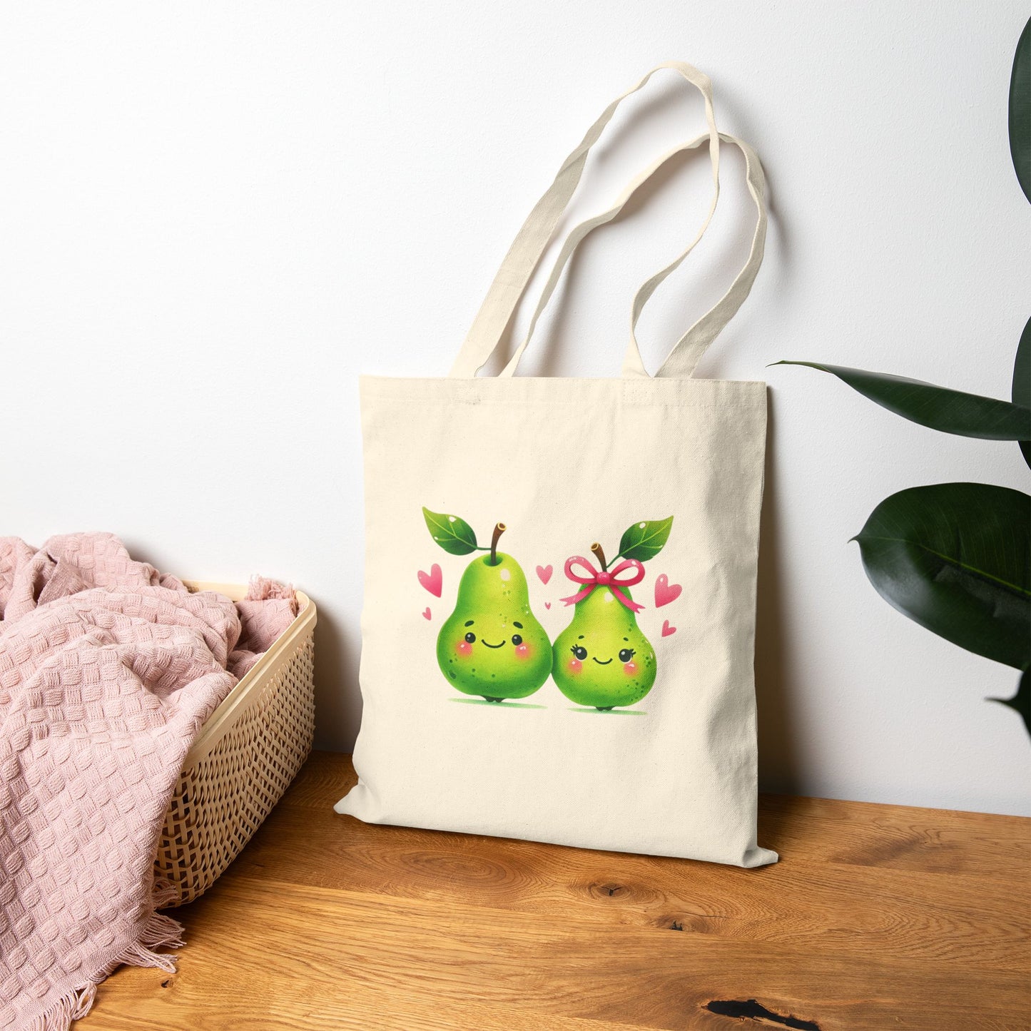 Pear Couple Canvas Tote Bag — Cute Kawaii Fruits Reusable Grocery Bag