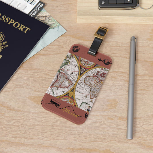 Vintage World Map Luggage Tag — Personalized Travel ID