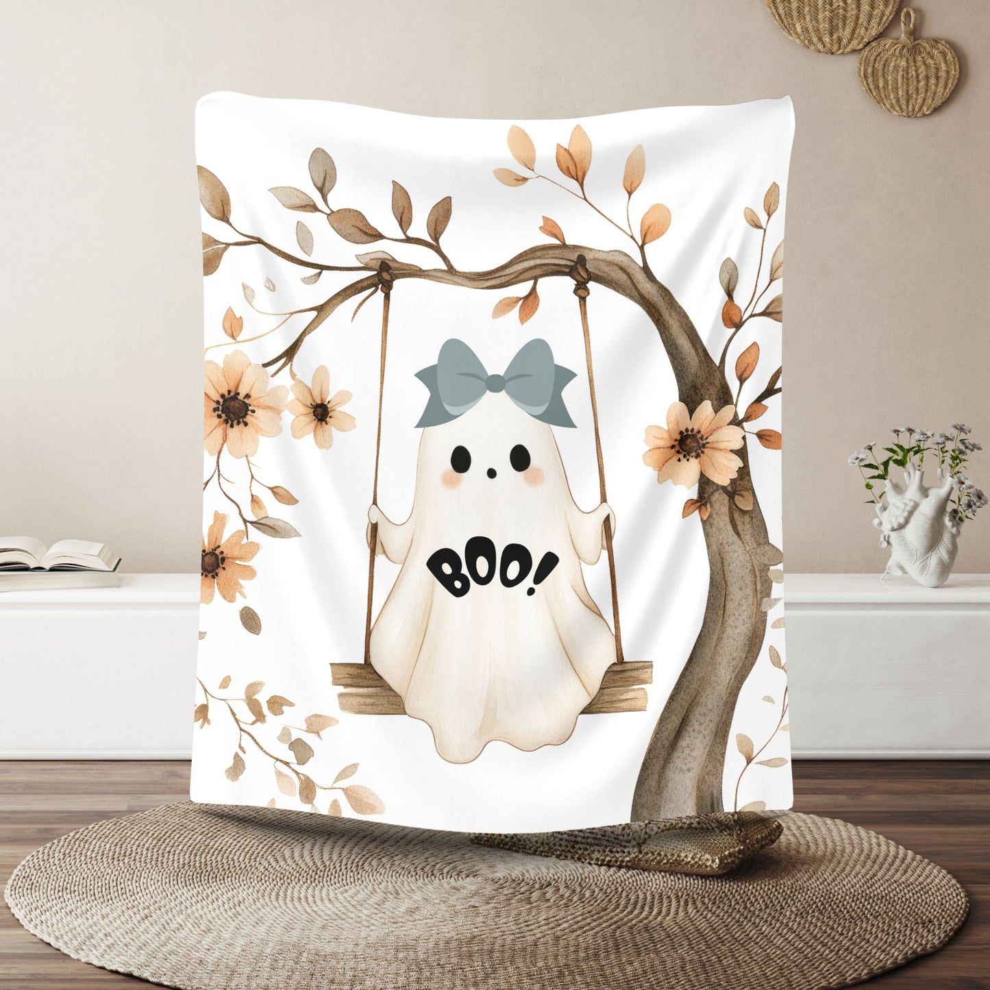 Cozy Halloween Velveteen Plush Blanket, Soft Throw for Fall Decor, Boo Ghost Design, Perfect for Movie Nights & Gifts